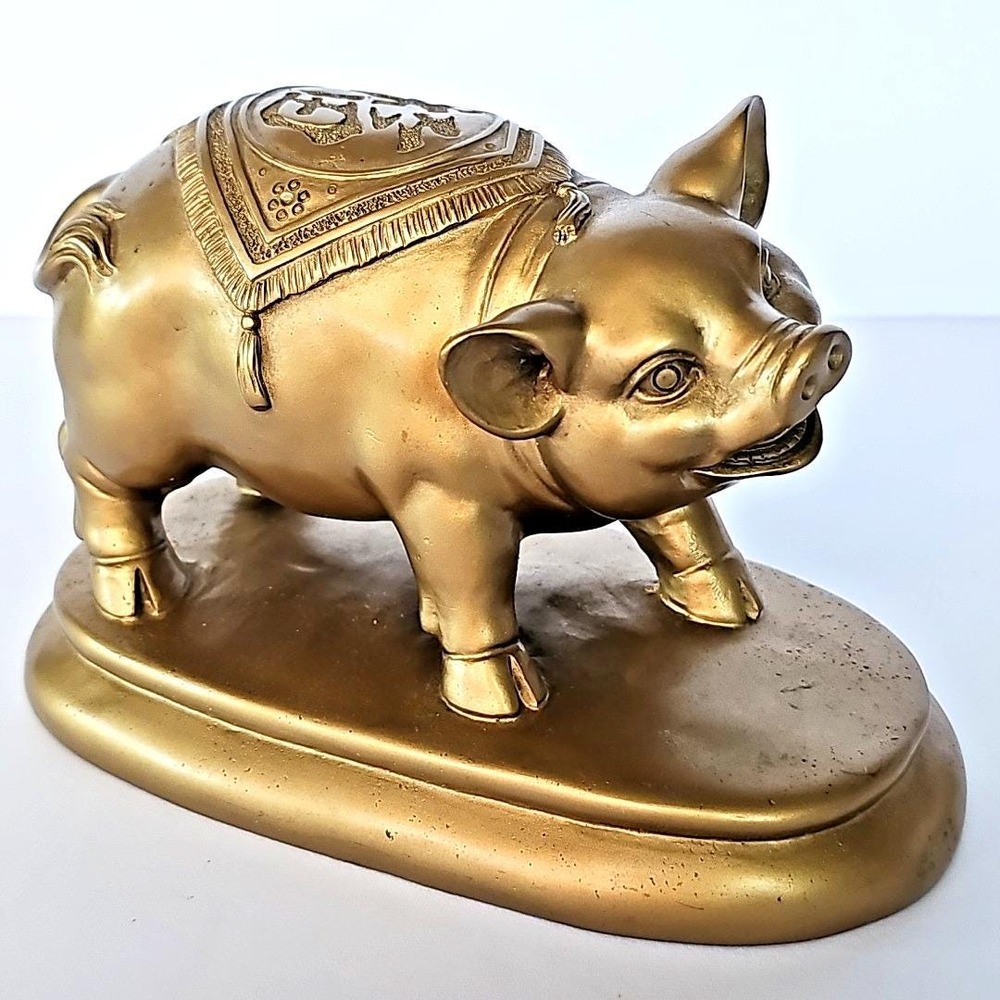 Vtg Brass Pig Figurine Ornate Saddle Chinese Zodiac Character Good Luck Decor